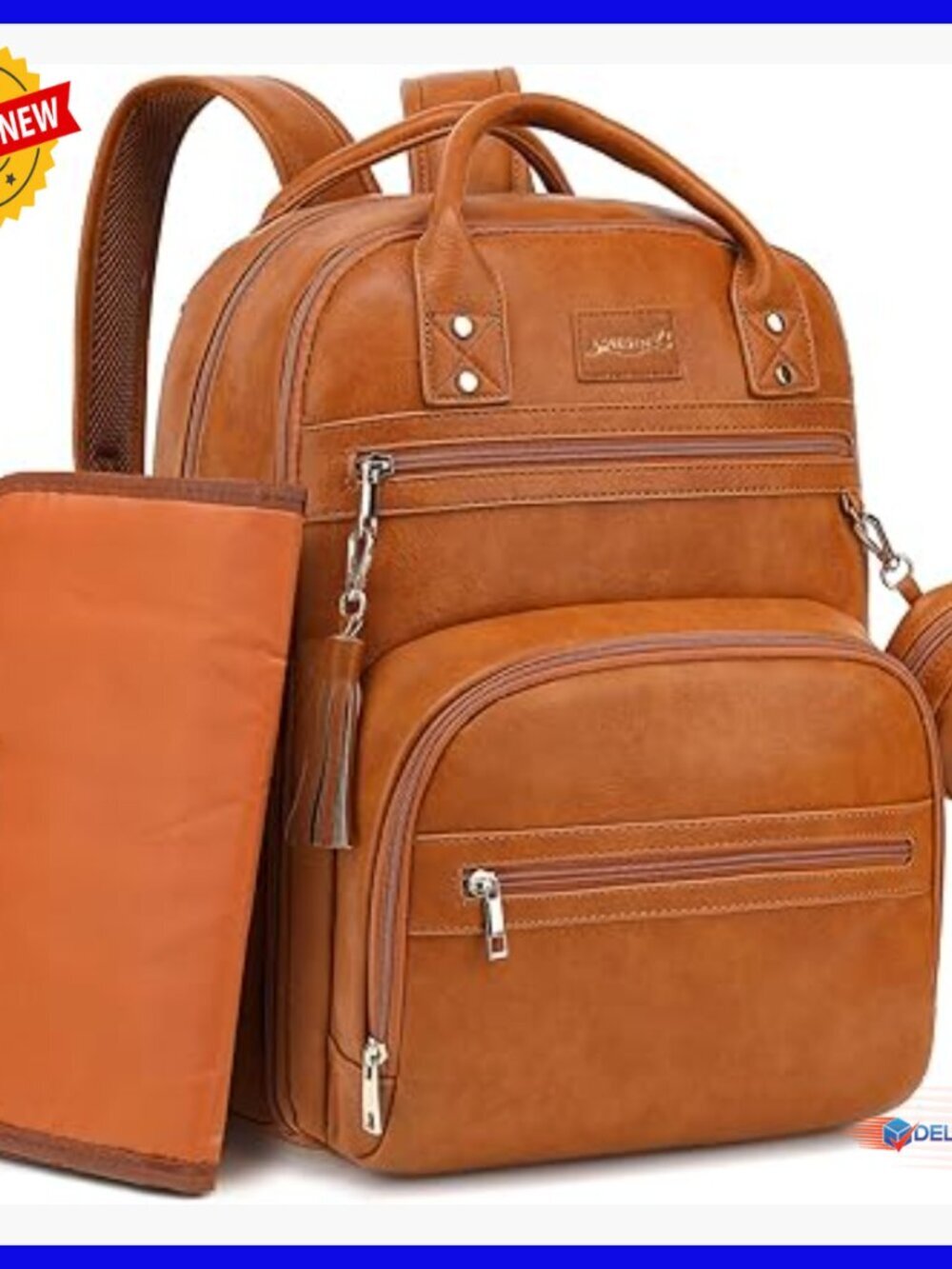 Vegan Leather Diaper Backpack with 20 Pockets, Waterproof Changing Pad